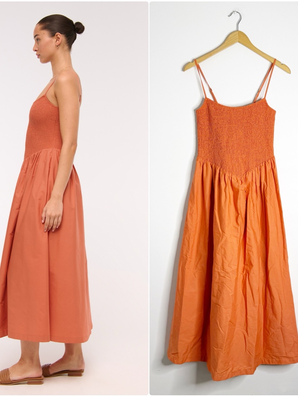 Abercrombie & Fitch Sydney Smocked Midi Dress Medium Orange Pockets